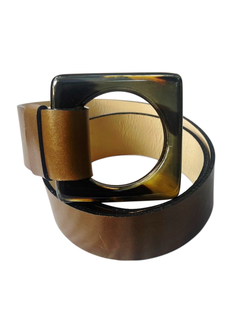 De Renaudin 2.5” Brown Leather Belt with Square Tortoiseshell Buckle Sz Medium